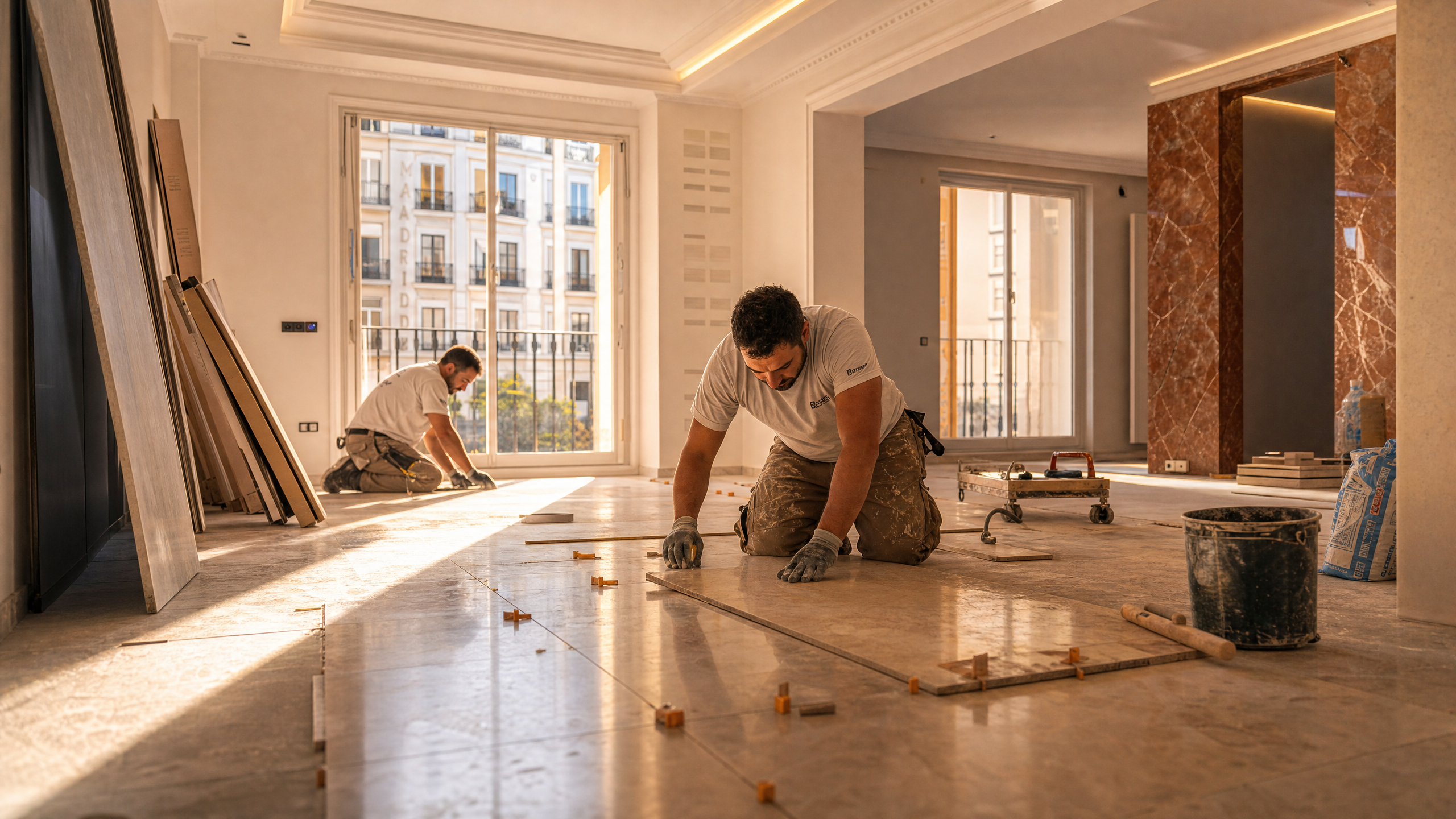 Equipo de reformistas instalando suelo en una vivienda de Madrid