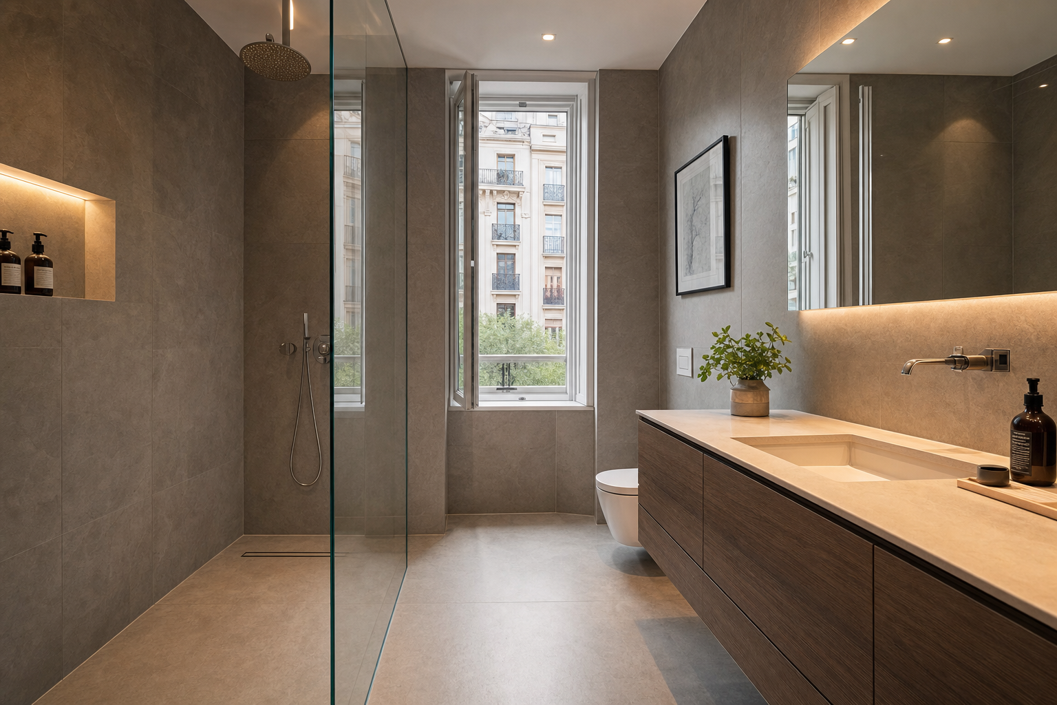 Baño reformado con ducha de cristal y revestimiento porcelánico