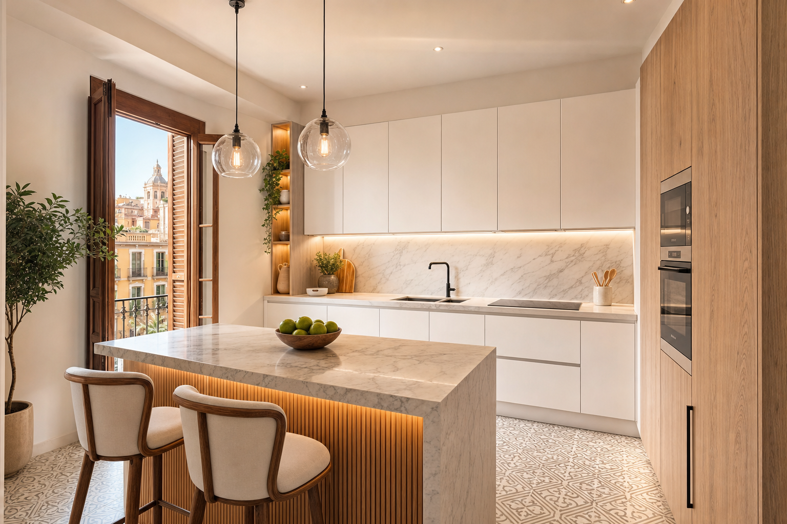 Cocina reformada con acabados en madera y mármol